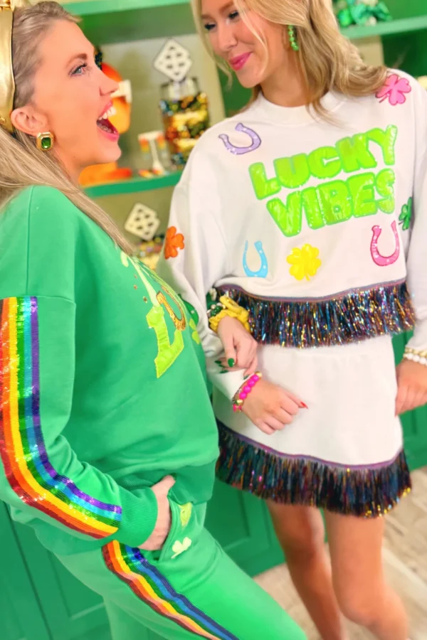 Lucky Vibes Cropped Rainbow Fringe Sweatshirt-Brianna Cannon Sale