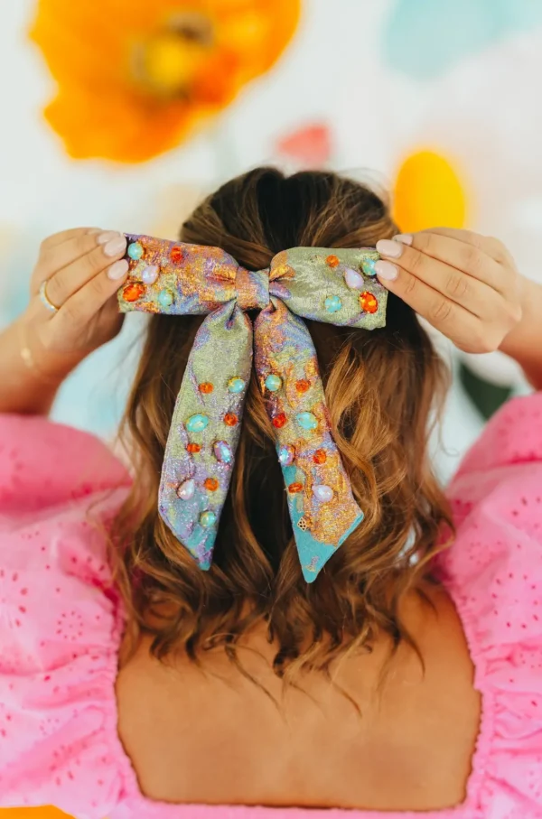 Metallic Iridescence Brocade Bow Barrette With Crystals-Brianna Cannon Fashion