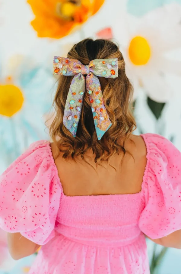 Metallic Iridescence Brocade Bow Barrette With Crystals-Brianna Cannon Fashion