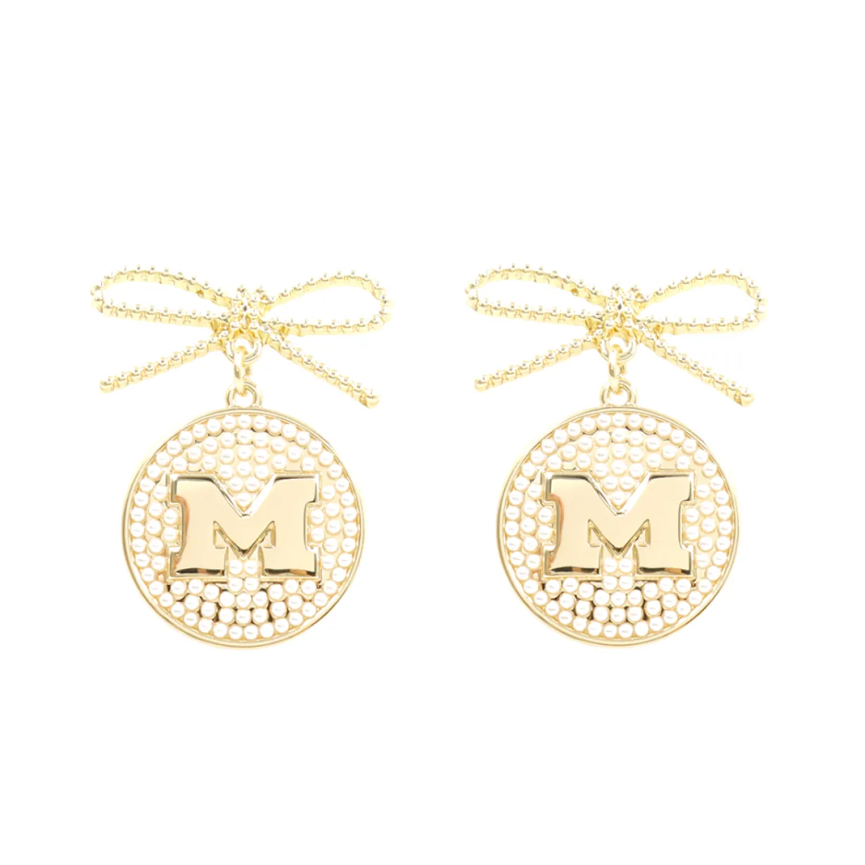 michigan_pearl_bow_medall_0.webp Michigan Pearl Bow Medallion Earrings-Brianna Cannon Fashion