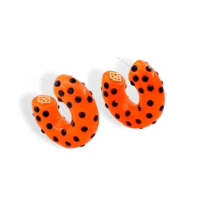 Neon Orange Huggie Hoop Earrings with Black Crystals-Brianna Cannon Clearance