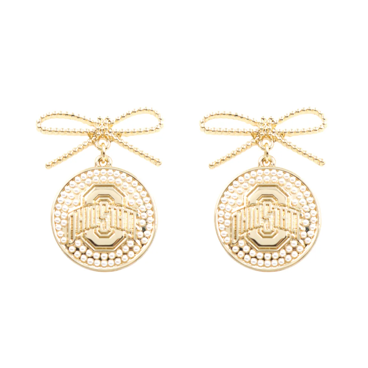 ohio_state_pearl_bow_meda_0.webp Ohio State Pearl Bow Medallion Earrings-Brianna Cannon Best