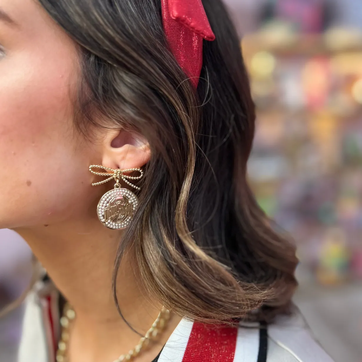 ohio_state_pearl_bow_meda_1.webp Ohio State Pearl Bow Medallion Earrings-Brianna Cannon Best