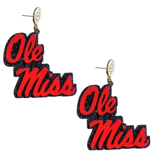 Ole Miss Red and Navy Glitter Ole Miss Script Earrings-Brianna Cannon Sale