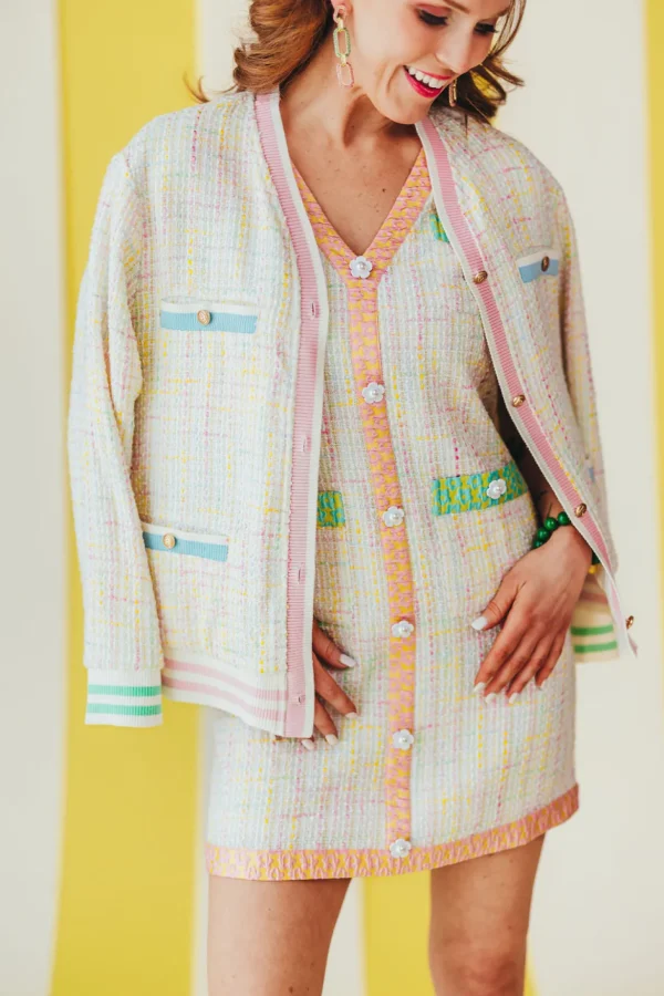 Pastel Tweed Dress with Floral Trim-Brianna Cannon Discount
