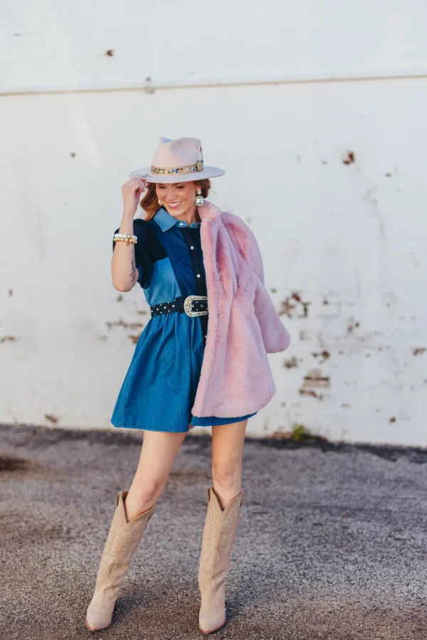 Patchwork Denim Dress with Belt-Brianna Cannon Online