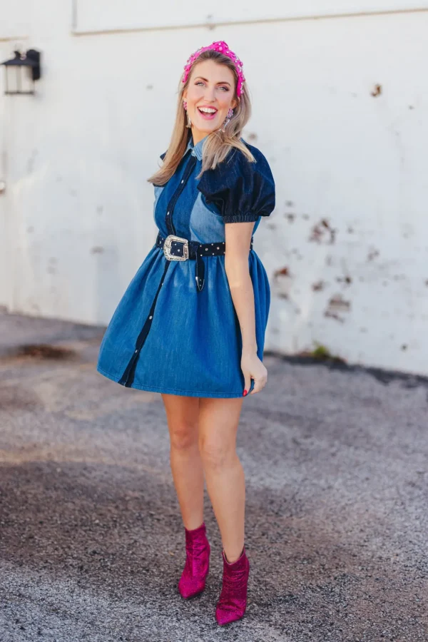 Patchwork Denim Dress with Belt-Brianna Cannon Online