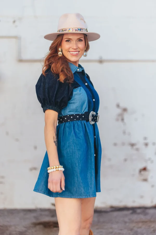 Patchwork Denim Dress with Belt-Brianna Cannon Online