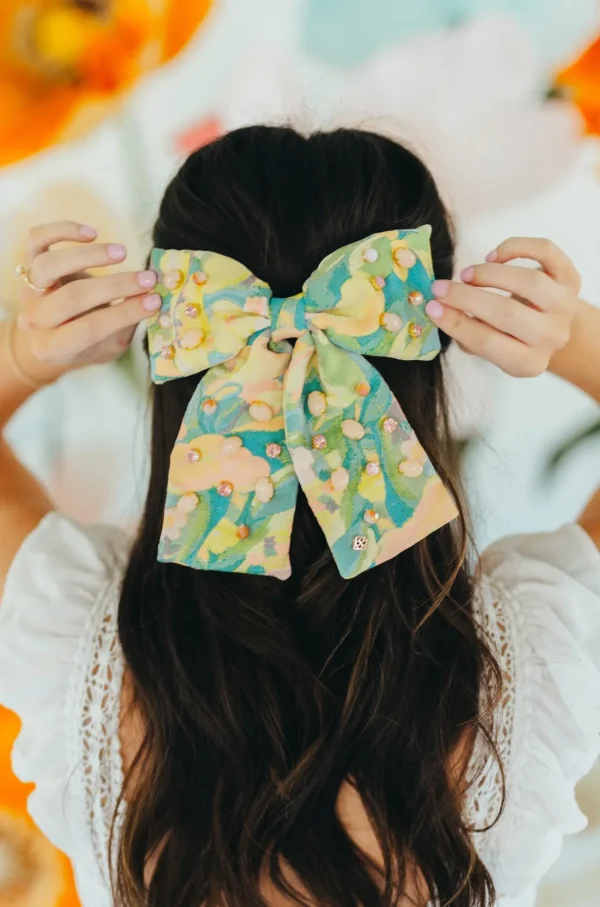 Peach & Green Floral Barrette Bow With Cabochons & Crystals-Brianna Cannon Online