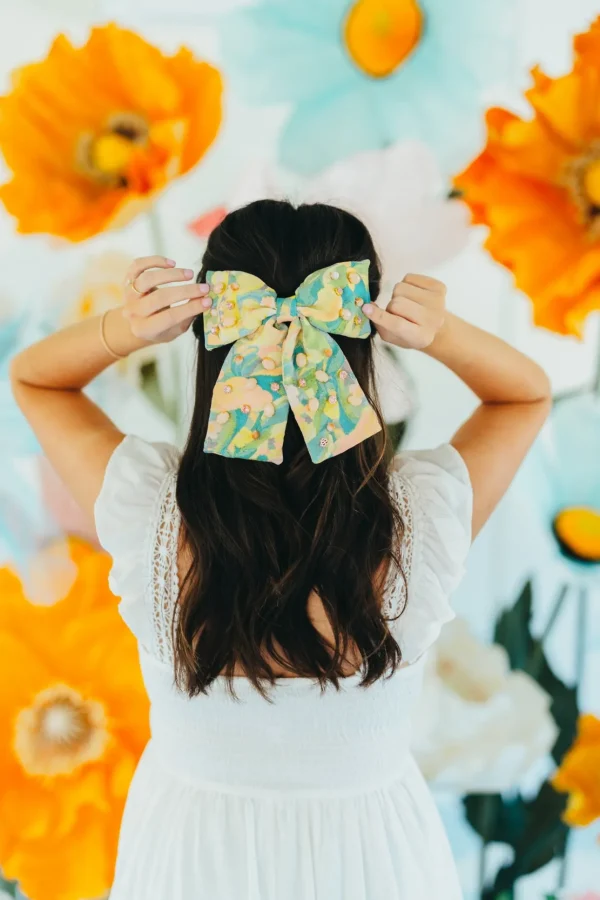 Peach & Green Floral Barrette Bow With Cabochons & Crystals-Brianna Cannon Online
