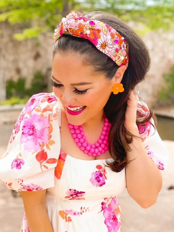 Pink and Orange Retro Floral Headband with Crystals and Pearls-Brianna Cannon Online