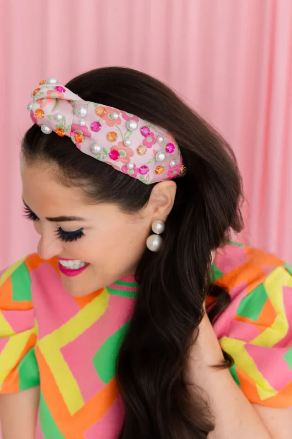 Pink Daisy Headband with Crystals and Pearls-Brianna Cannon Fashion