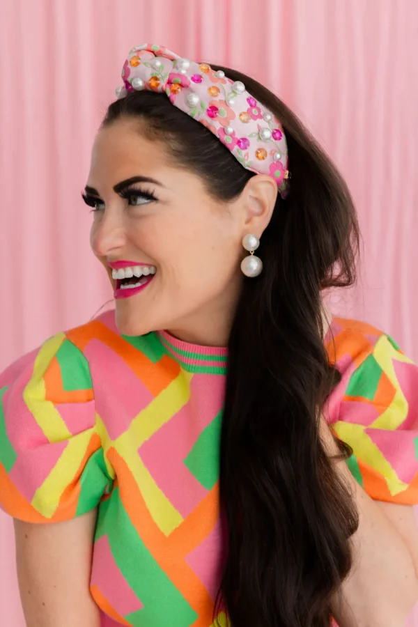 Pink Daisy Headband with Crystals and Pearls-Brianna Cannon Fashion