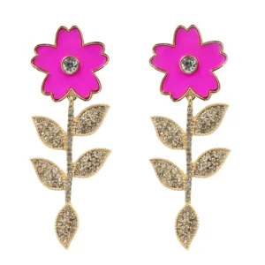 Pink Flower Earrings With Crystal Stem-Brianna Cannon New