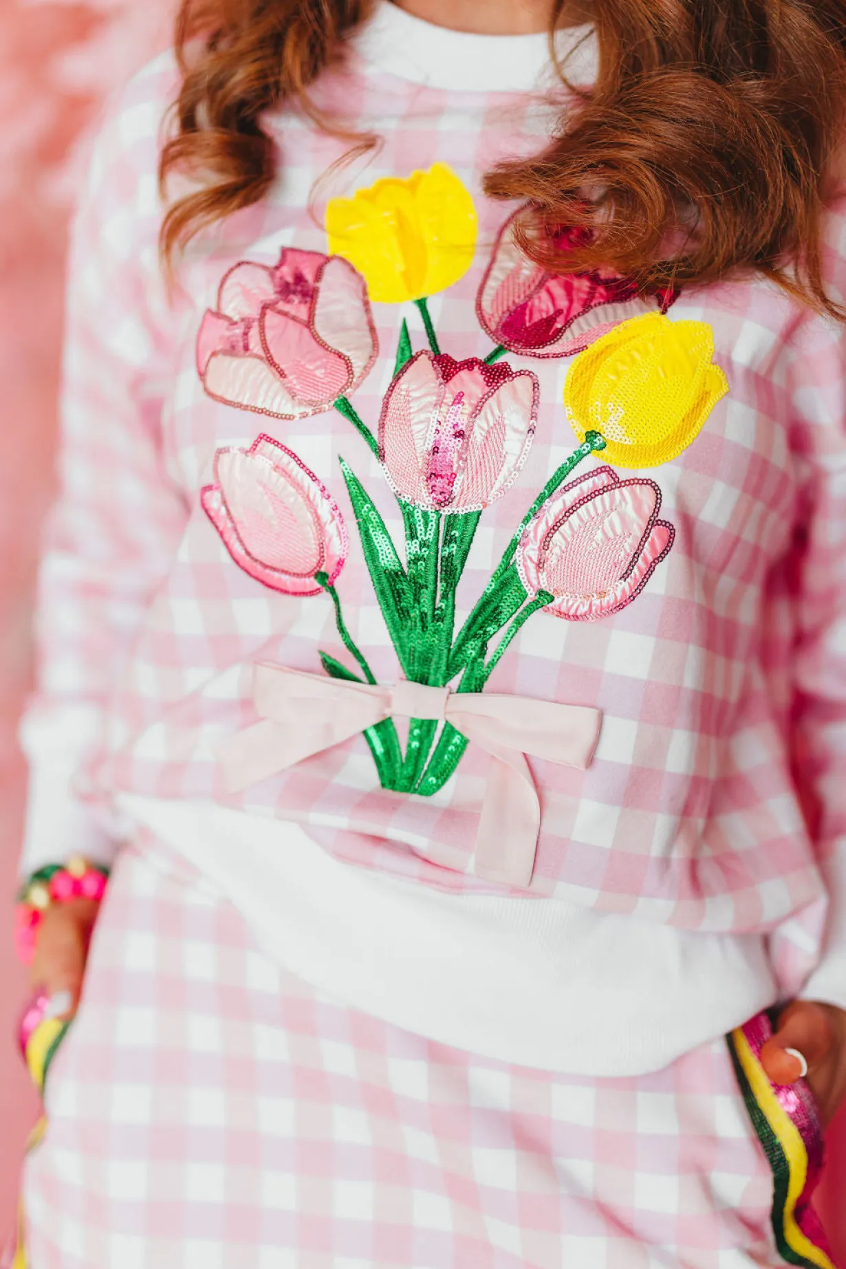 pink_gingham_bouquet_swea_0.webp Pink Gingham Bouquet Sweatshirt PRE-ORDER (Est Ship 3/18)-Brianna Cannon New