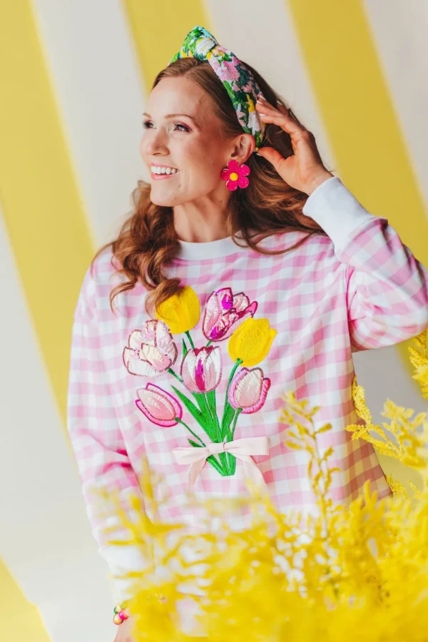 Pink Gingham Bouquet Sweatshirt PRE-ORDER (Est Ship 3/18)-Brianna Cannon New