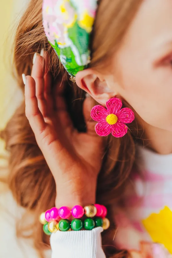 Pink Raffia Daisy Earrings-Brianna Cannon Online