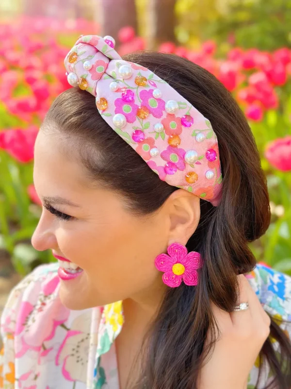 Pink Raffia Daisy Earrings-Brianna Cannon Online