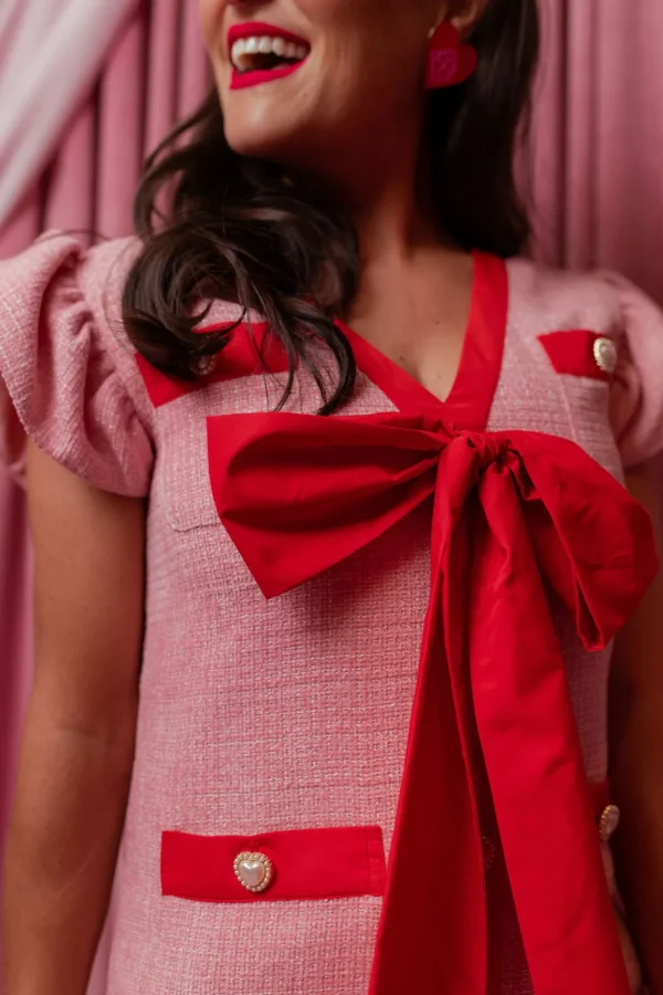 Pink Tweed Dress with Red Bow-Brianna Cannon Best