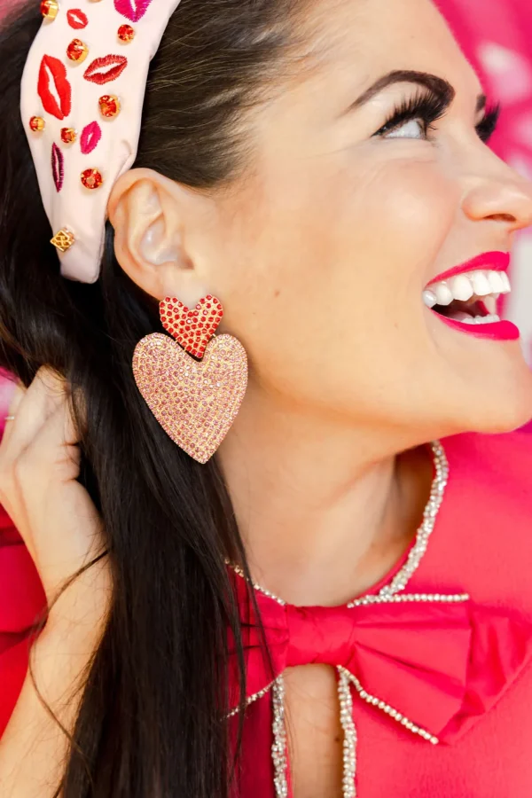 Red & Pink Double Drop Heart Crystal Earrings-Brianna Cannon Outlet