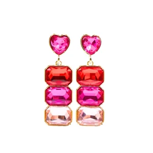Red, Hot Pink & Light Pink Crystal Earring with Pink Crystal Heart Top-Brianna Cannon Sale