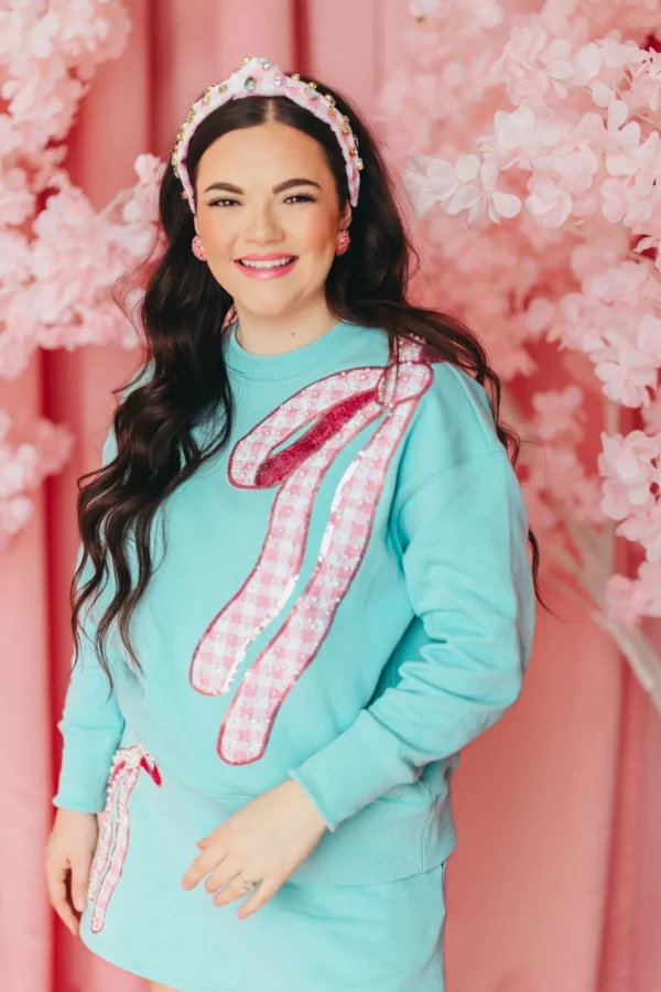 Robin Egg Blue Sweatshirt with Pink Gingham Bow PRE ORDER (Est. Ship 3/14)-Brianna Cannon Discount