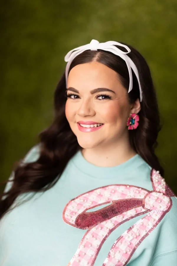 Robin Egg Blue Sweatshirt with Pink Gingham Bow PRE ORDER (Est. Ship 3/14)-Brianna Cannon Discount