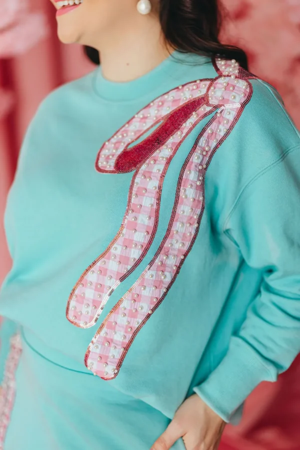 Robin Egg Blue Sweatshirt with Pink Gingham Bow PRE ORDER (Est. Ship 3/14)-Brianna Cannon Discount