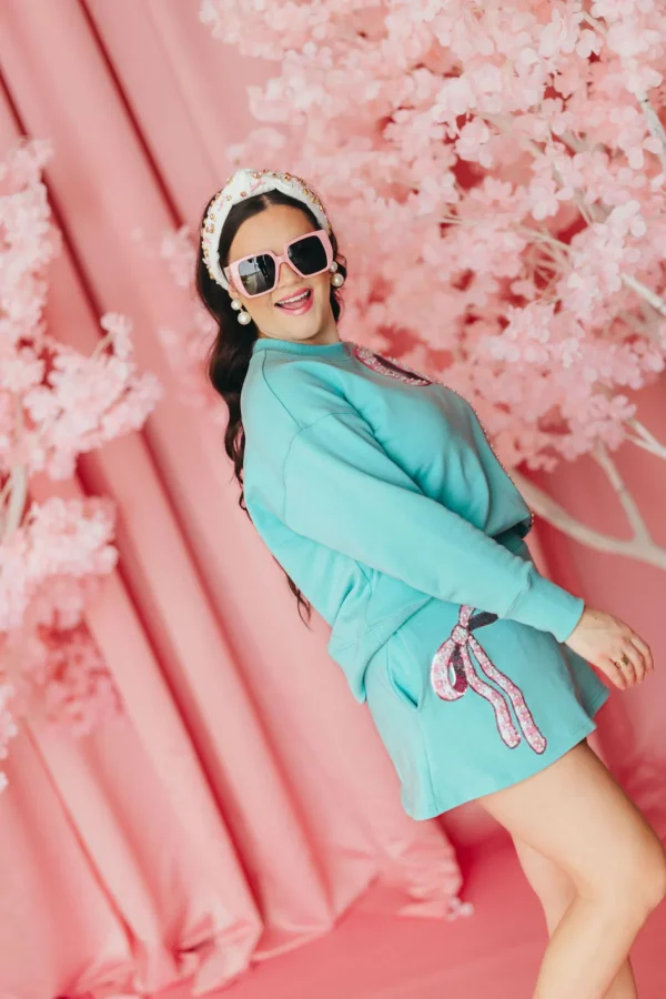 Robin Egg Blue Sweatshirt with Pink Gingham Bow PRE ORDER (Est. Ship 3/14)-Brianna Cannon Discount