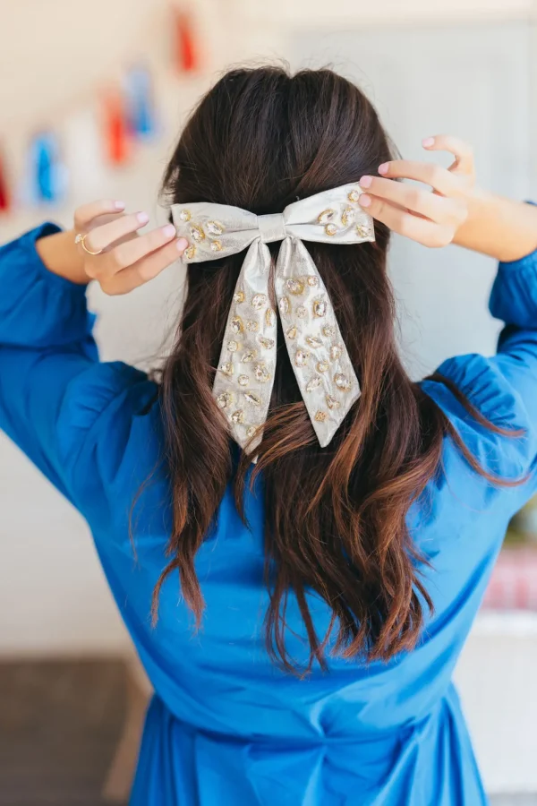 Shimmer Bow Barrette with Hand Sewn Crystals in Silver-Brianna Cannon Fashion