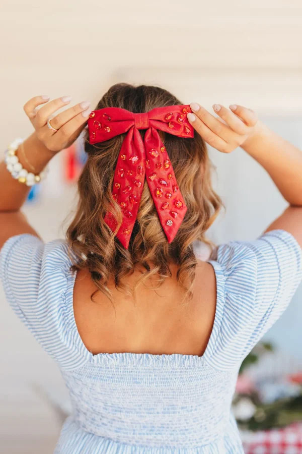 Shimmer Bow Barrette with Hand Sewn Crystals in Red-Brianna Cannon New