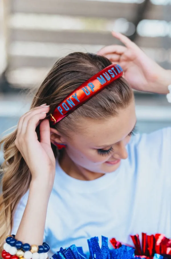 SMU Red Thin Embroidered Headband-Brianna Cannon Online