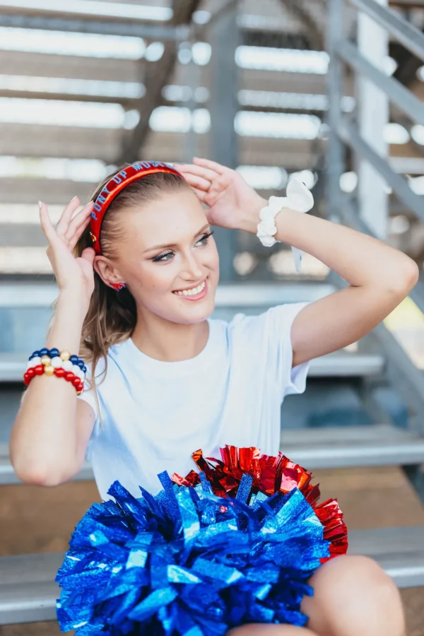 SMU Red Thin Embroidered Headband-Brianna Cannon Online