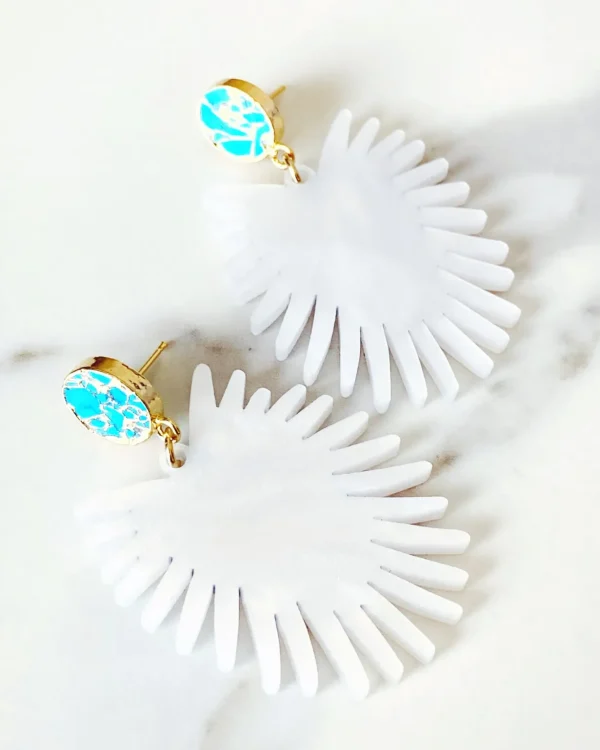 Spray Palm Earrings - White Pearl Acrylic with Gold Plated Turquoise-Brianna Cannon Sale