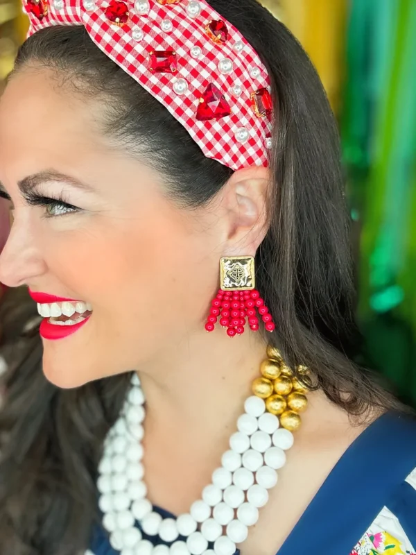 Square BC Icon Red Beaded Earrings-Brianna Cannon Online