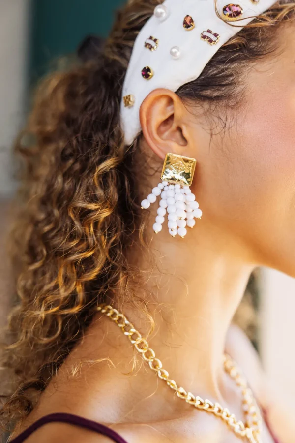 Square BC Icon White Beaded Earrings-Brianna Cannon New