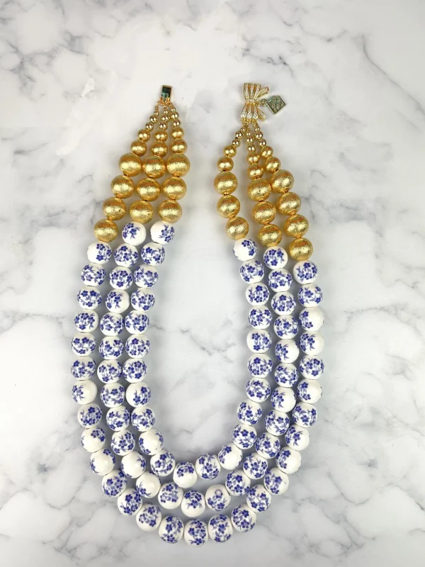 3 Strand Blue and White Floral Beaded Brianna Necklace-Brianna Cannon Fashion