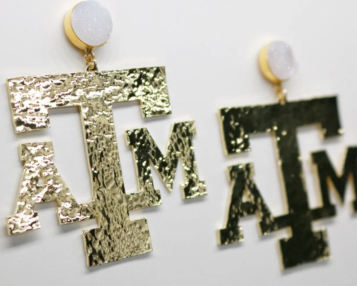 texas_am_gold_logo_earrin_1-1.webp Texas A&M Gold Logo Earrings with White Druzy-Brianna Cannon Best