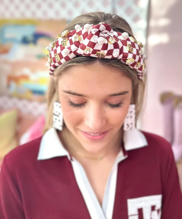 Texas A&M Maroon & White Checkerboard Texas A&M Logo Headband-Brianna Cannon Sale