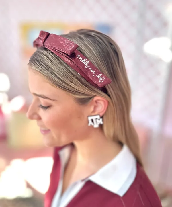 Texas A&M Maroon Thin Embroidered Ribbon Bow Headband-Brianna Cannon Outlet