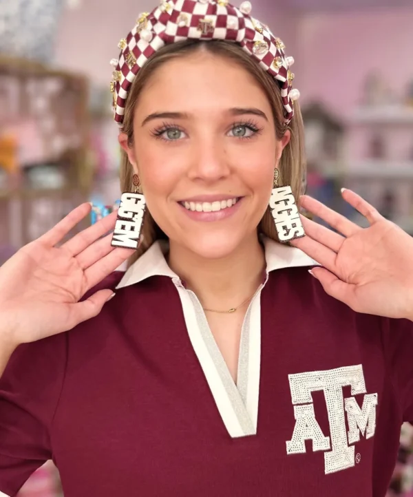 Texas A&M White and Maroon Glitter GIG'EM AGGIES Earrings-Brianna Cannon Fashion