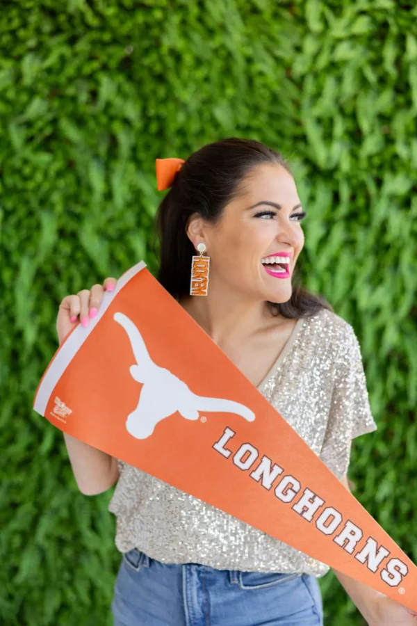 Texas Burnt Orange Glitter HOOK'EM HORNS Earrings-Brianna Cannon Fashion