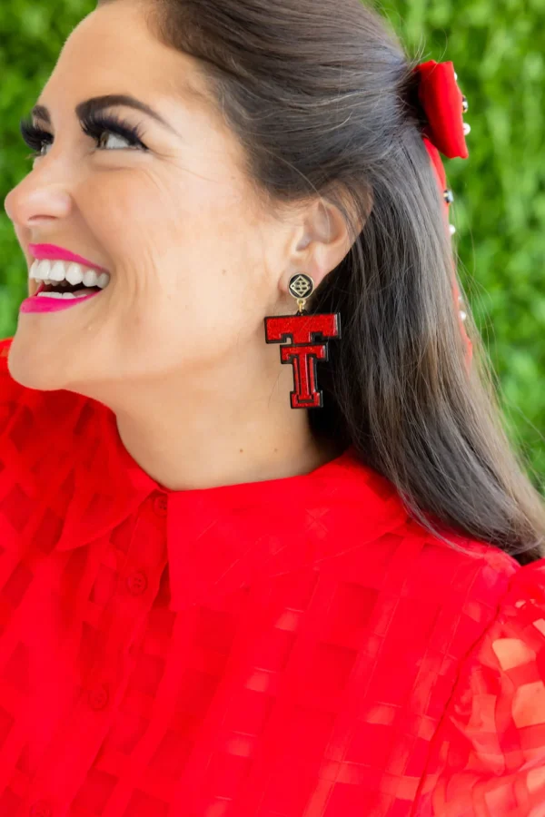 Texas Tech Red Glitter Vintage Double T Earrings-Brianna Cannon Clearance