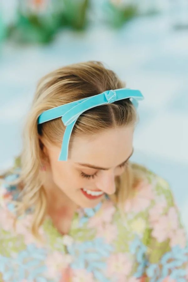 Thin Pastel Blue Velvet Ribbon Bow Headband-Brianna Cannon Hot