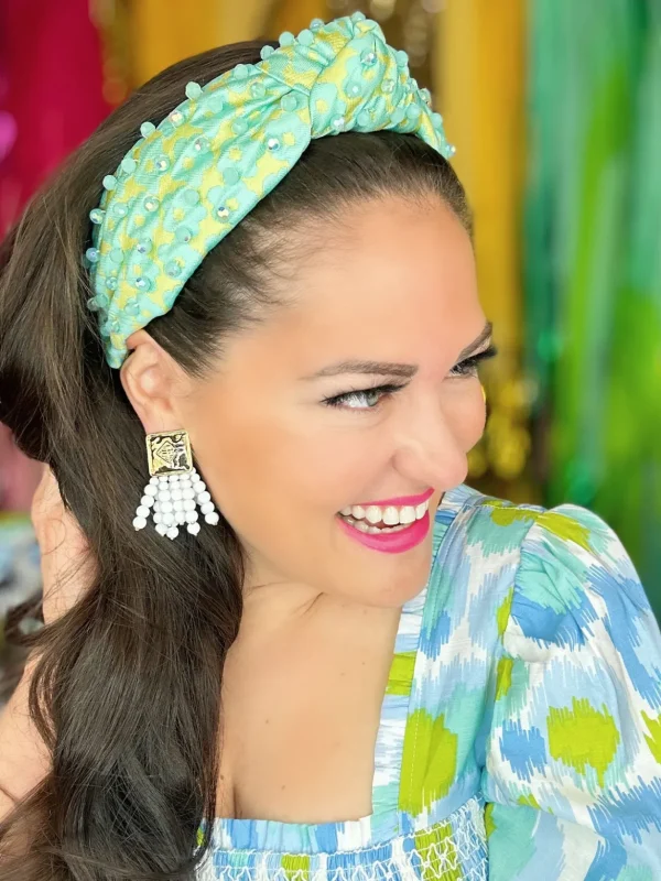 Turquoise and Lime Flower Power Headband with Iridescent Beads-Brianna Cannon Clearance