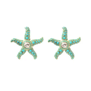Turquoise Cabochon and Crystal Starfish Stud Earrings-Brianna Cannon Online