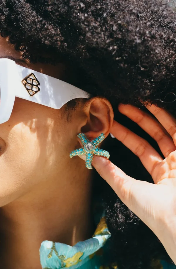 Turquoise Cabochon and Crystal Starfish Stud Earrings-Brianna Cannon Online