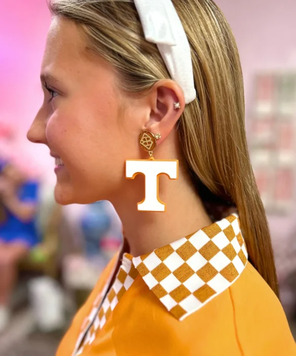 University of Tennessee White and Orange Power T Earrings-Brianna Cannon Clearance