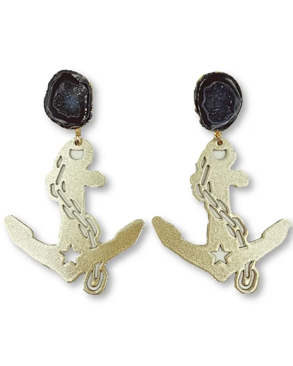 Vanderbilt Gold Tone Anchor Earrings with Black Geode-Brianna Cannon New