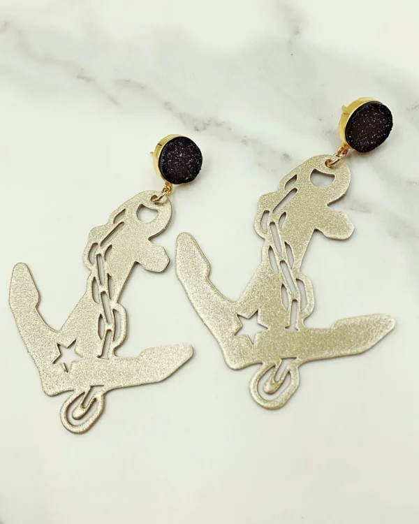Vanderbilt Gold Tone Anchor Earrings with Black Druzy-Brianna Cannon New